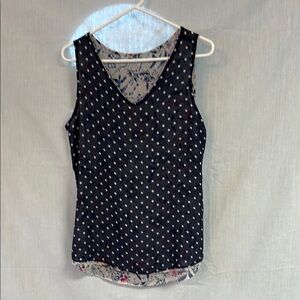 Reversible V-Neck Tank Top - Floral / Navy Blue & White Polka Dots